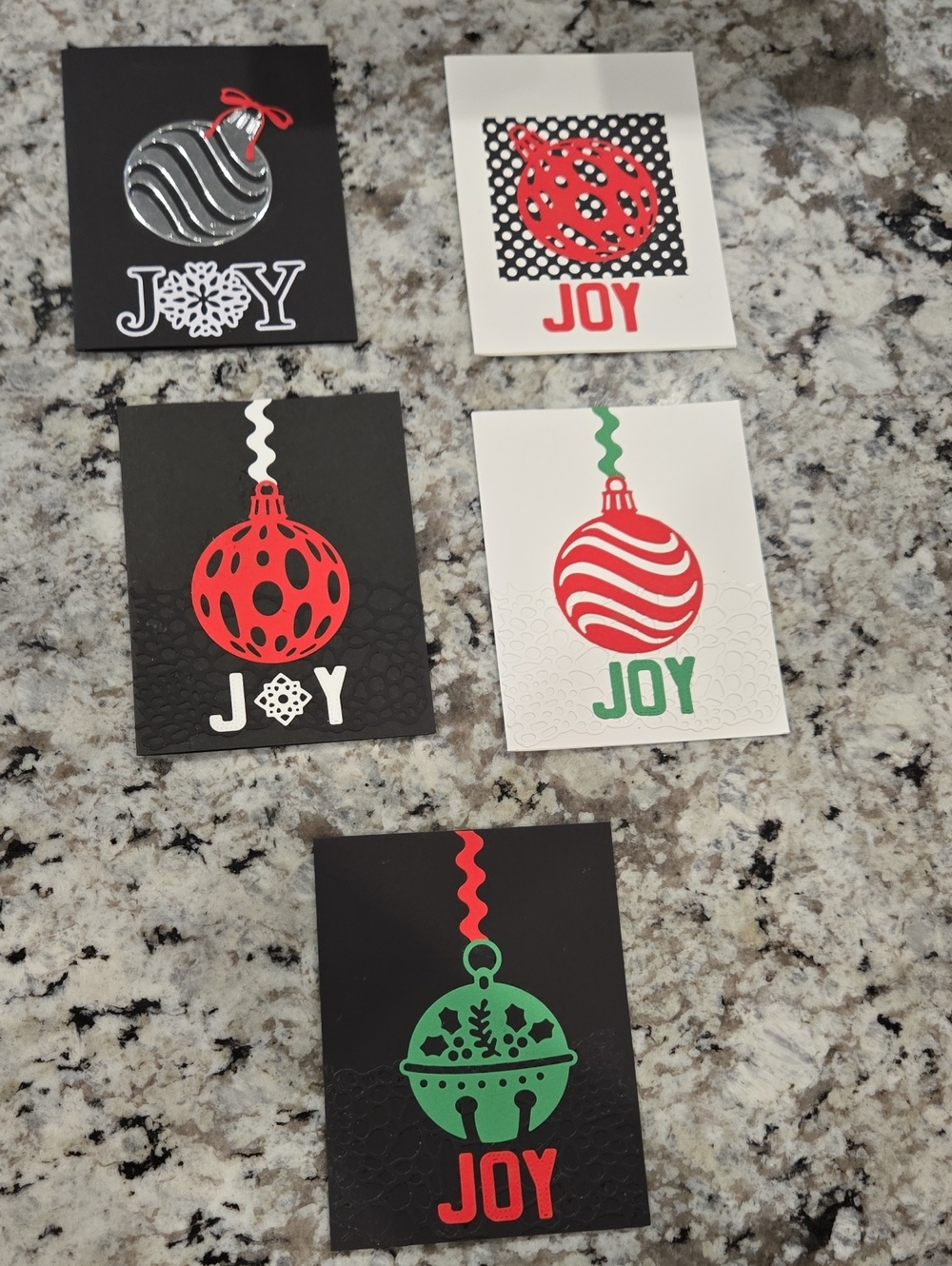 Hand Crafted Holiday Ornament Joy Cards - Set Of 5 Red, Green, White